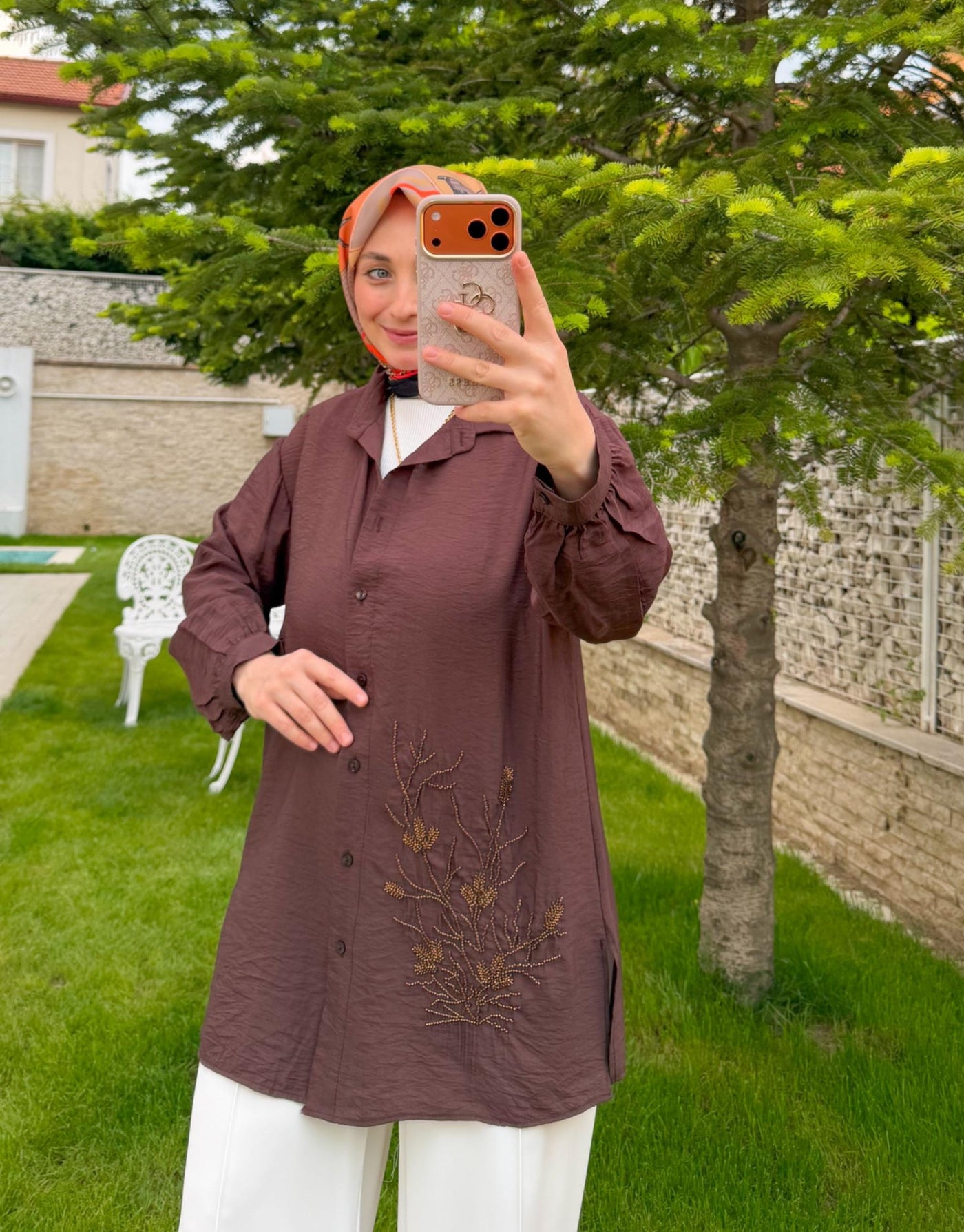 Acı Kahve Mira Çiçek İşleme Gömlek