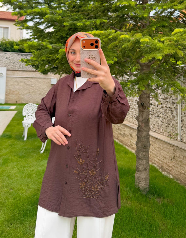 Acı Kahve Mira Çiçek İşleme Gömlek