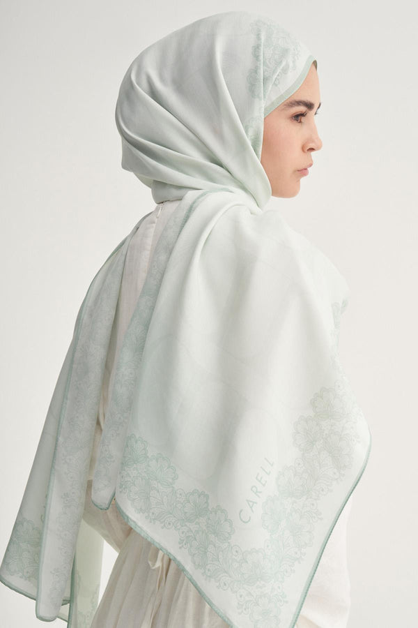 Su Yeşili Floral Çicekli Monogram Floş Şal