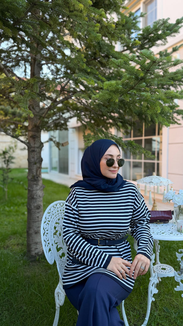 Lacivert Çizgili Triko Tunik -14172