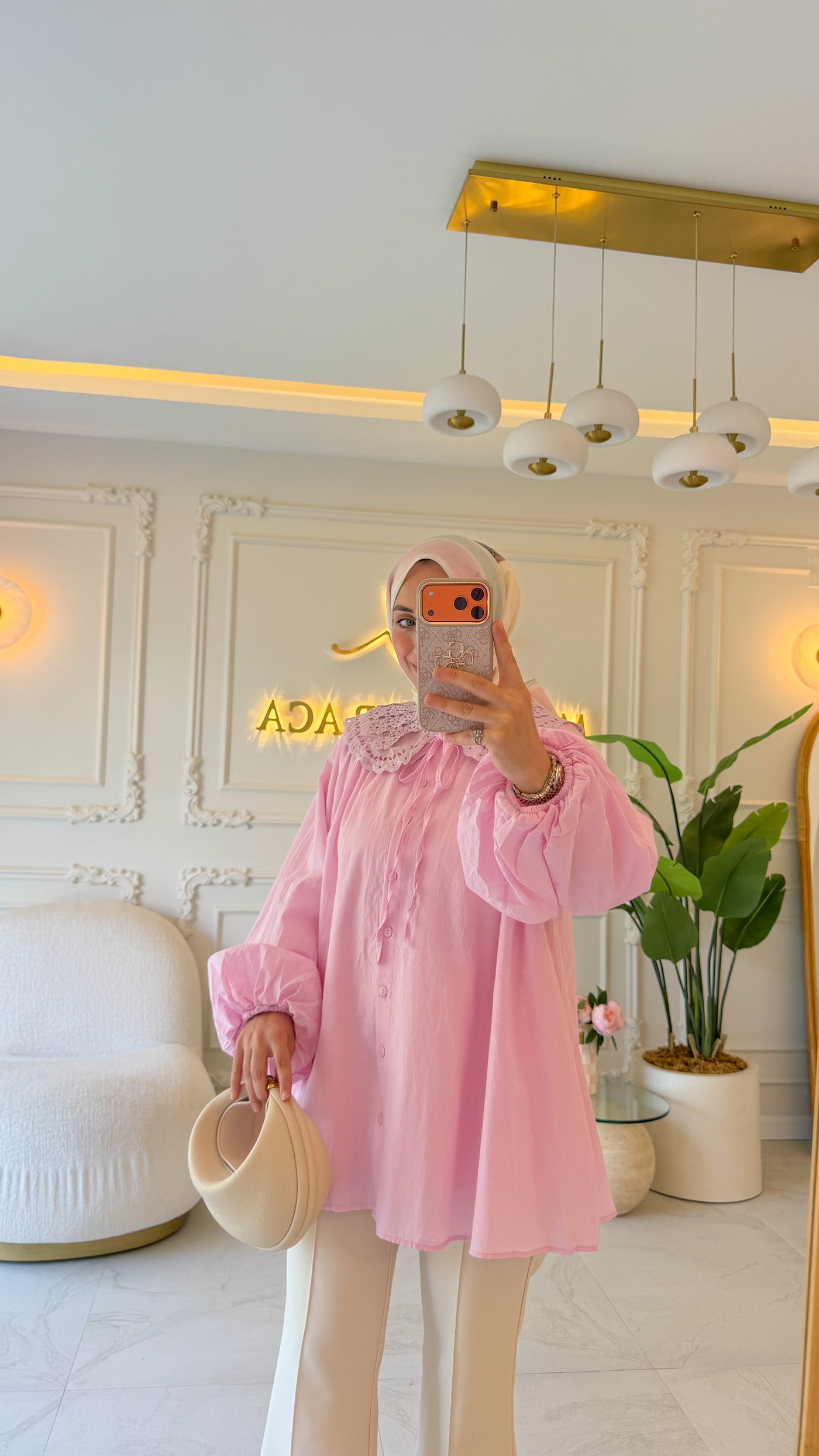 Pastel Pembe Dantel Yaka Vual Gömlek