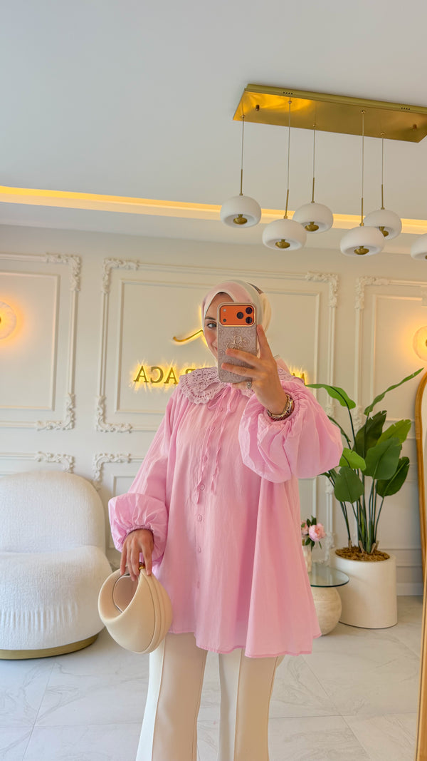 Pastel Pembe Dantel Yaka Vual Gömlek