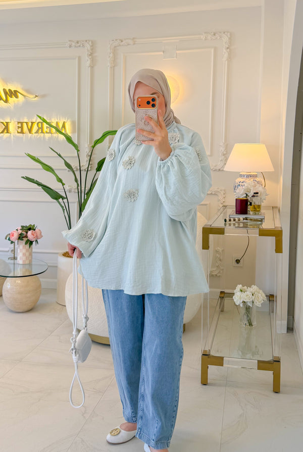 Mavi Çiçek Müslin Tunik