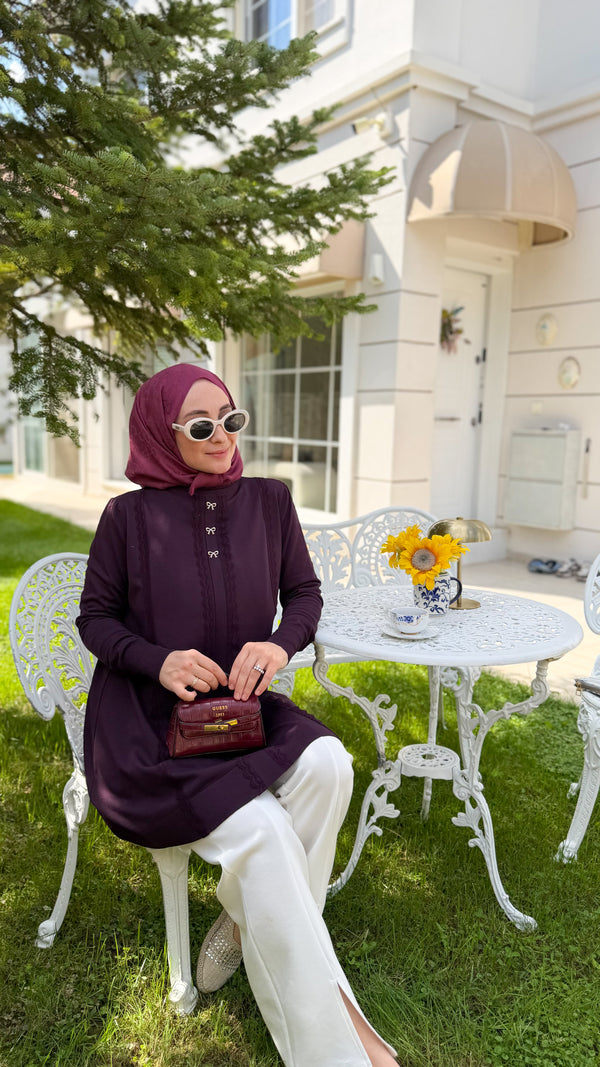 Mürdüm Fiyonk Düğmeli Tunik-304