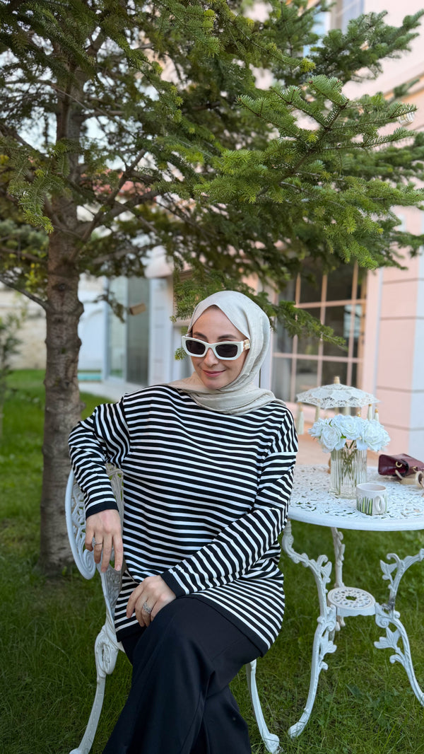 Ekru Çizgili Triko Tunik -14172