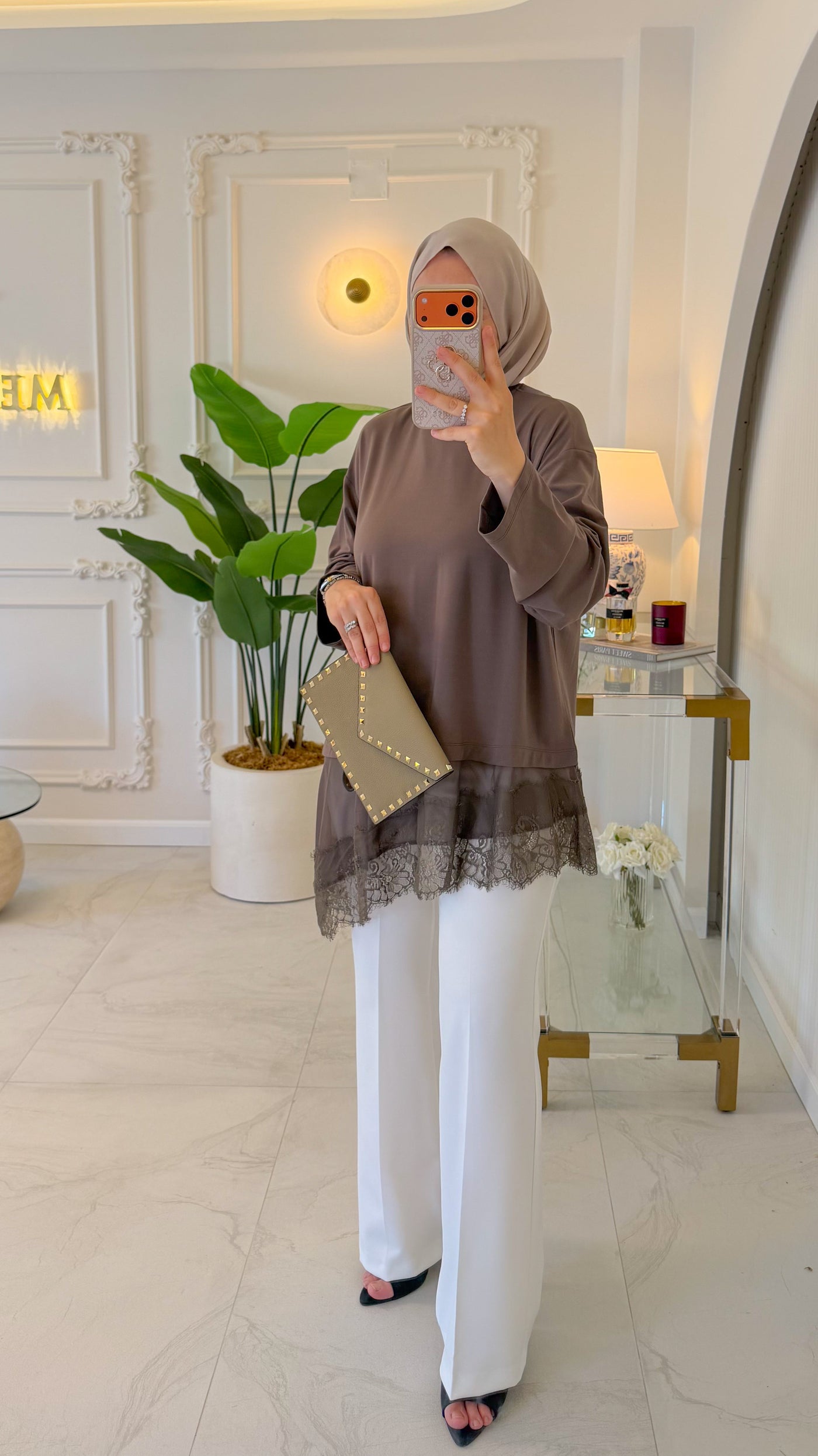 Vizon Asimetrik Dantel Detaylı Tunik