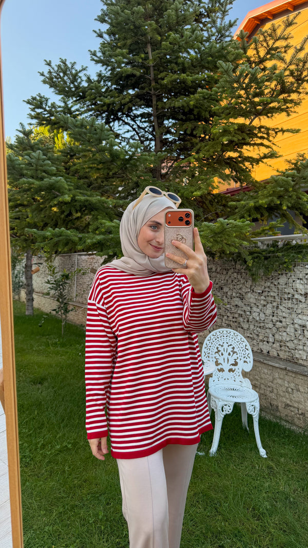 Kırmızı Çizgili Triko Tunik -14172