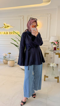 Lacivert Keten Parçalı Bluz - 5297