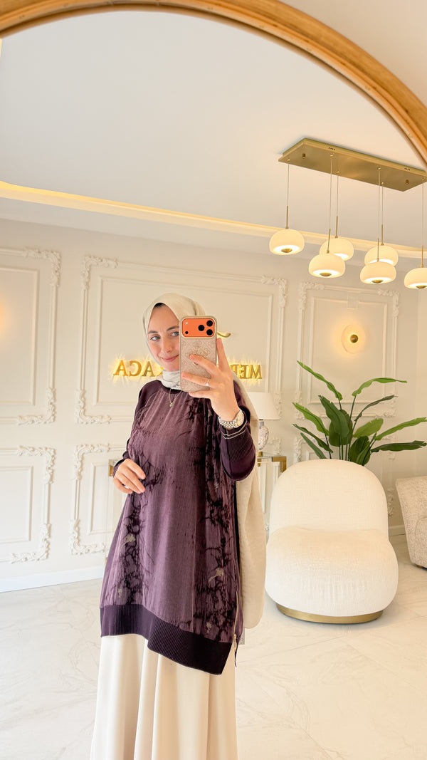 Mürdüm  Simli Kumaş Fermuarlı Tunik -299