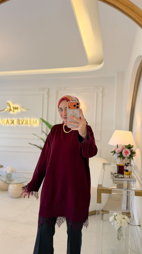 Bordo Uzun Boy Dantel Merserize Tunik