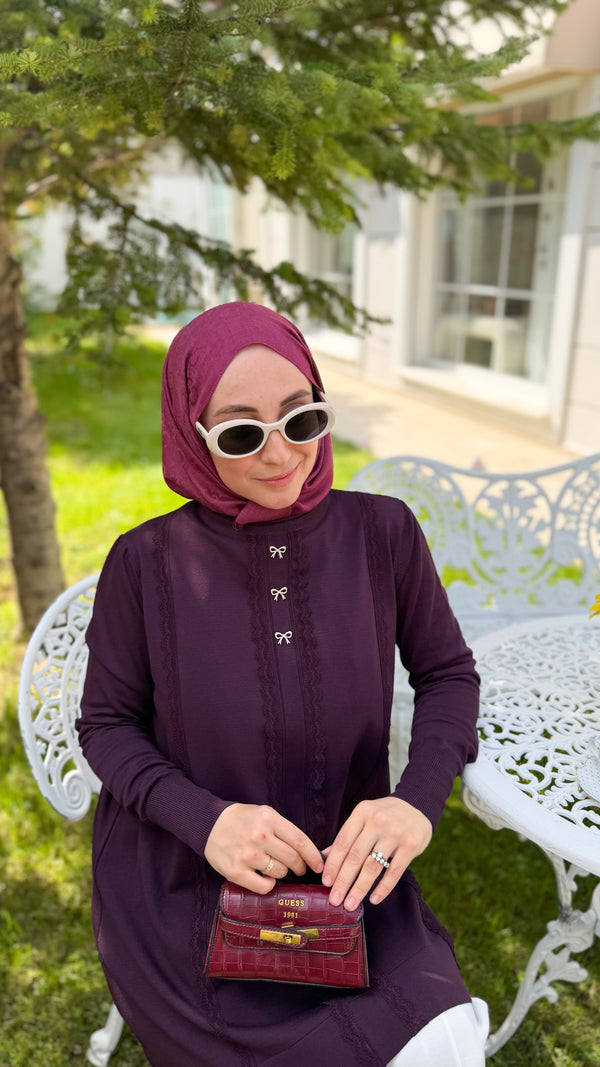 Mürdüm Fiyonk Düğmeli Tunik-304