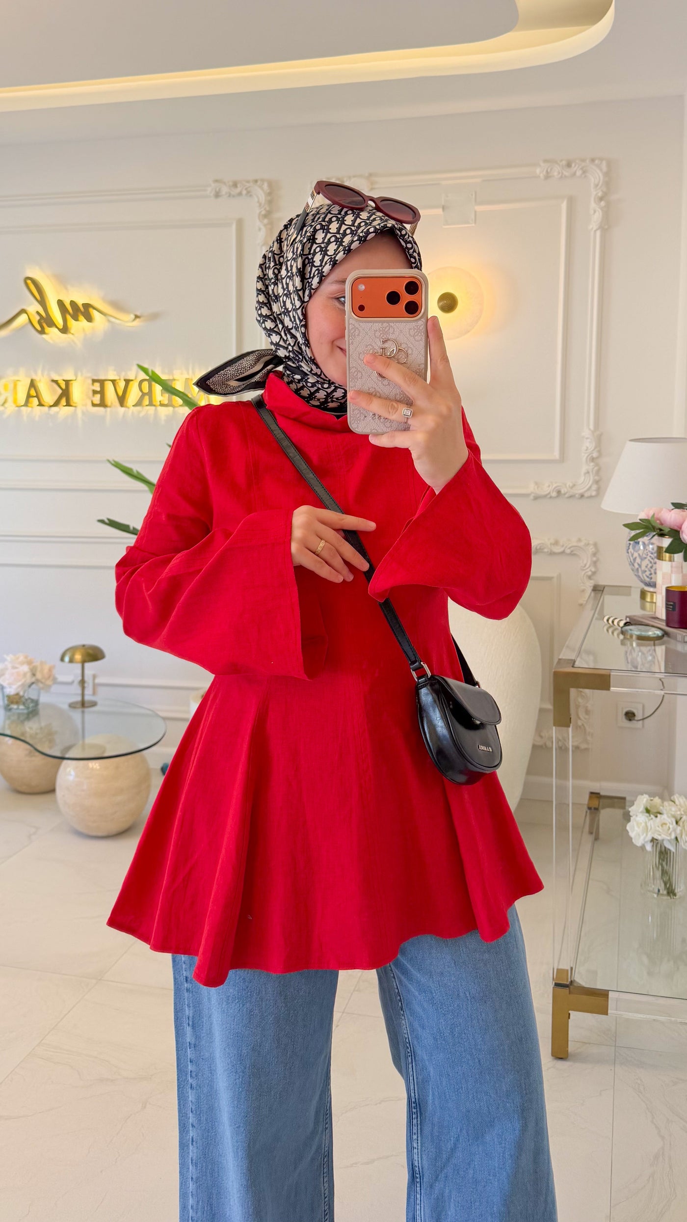 Kırmızı Keten Parçalı Bluz - 5297