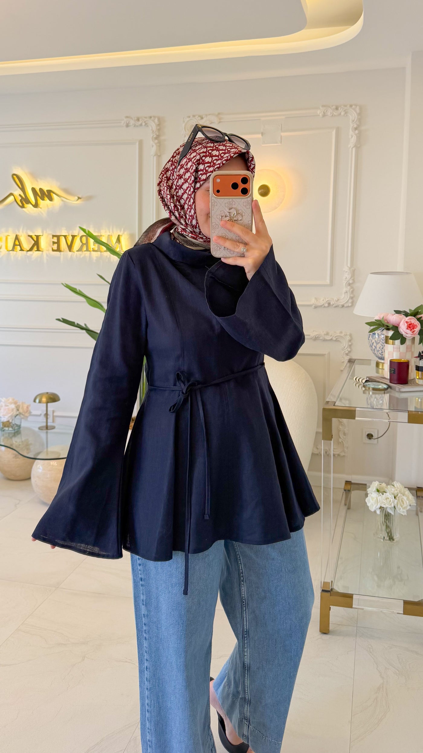 Lacivert Keten Parçalı Bluz - 5297
