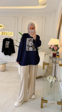 Lacivert Gül Baskı Tunik