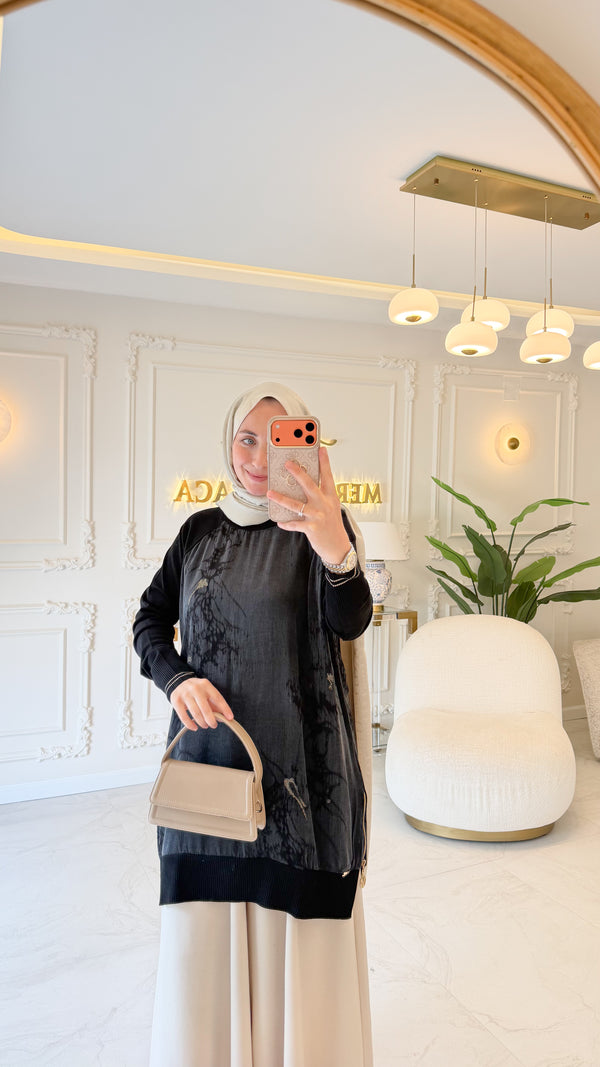 Siyah Simli Kumaş Fermuarlı Tunik -299