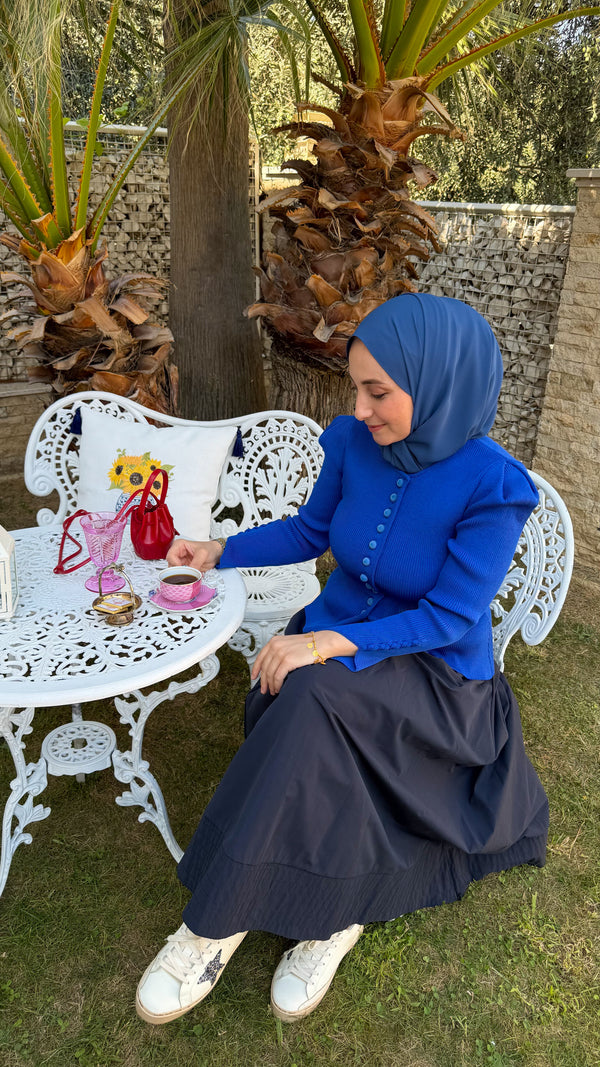 Saks Mavi Düğme Detaylı Kollar Bağlamalı Kısa Hırka-140687