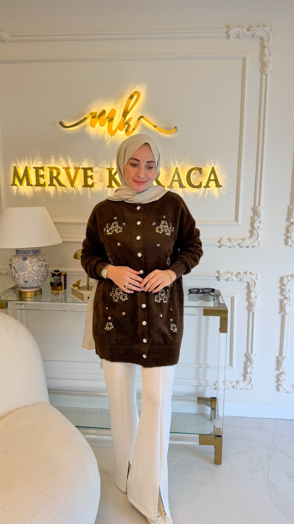 Kahverengi Angora Pullu Nakışlı Hırka -140752