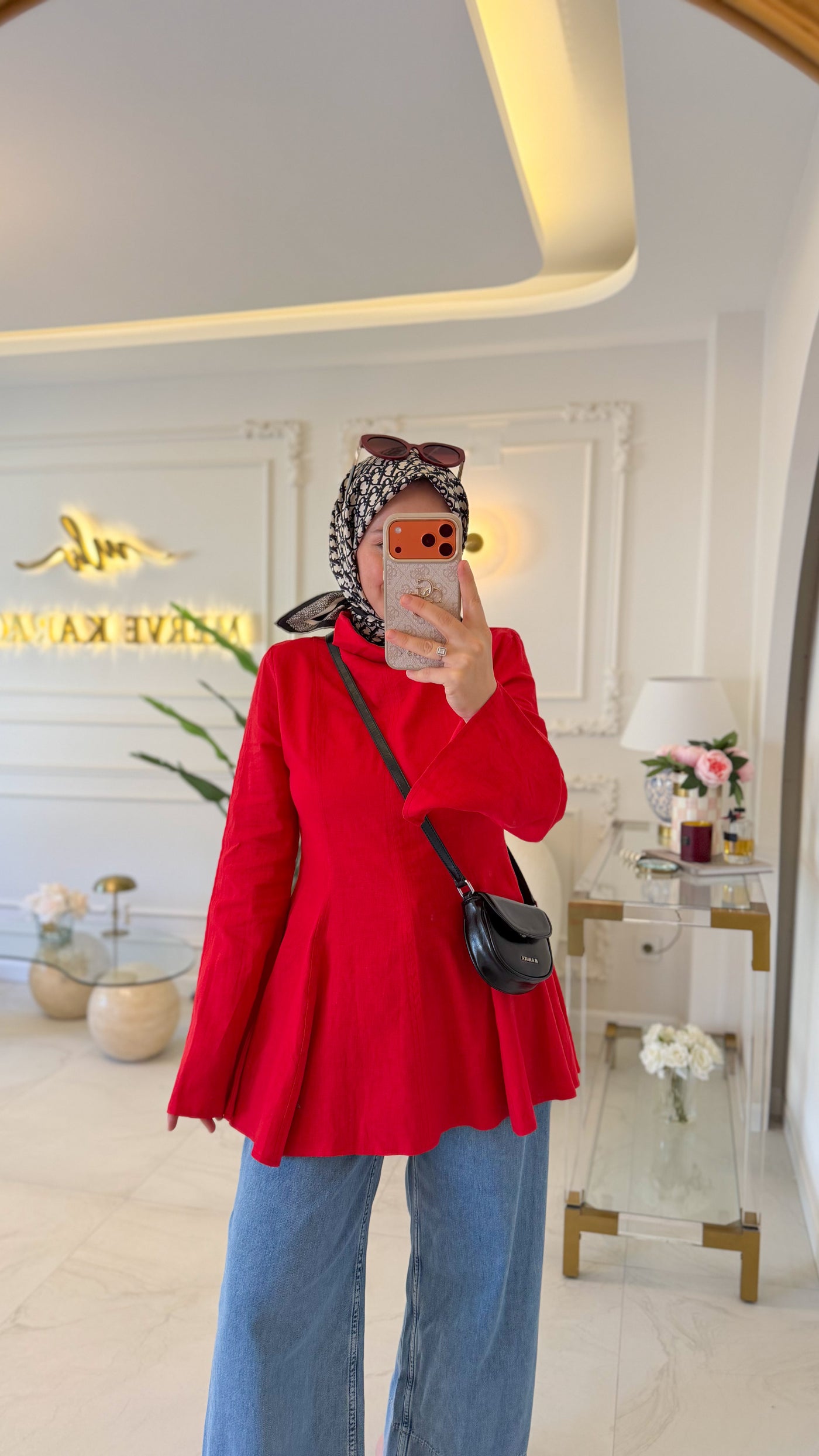 Kırmızı Keten Parçalı Bluz - 5297