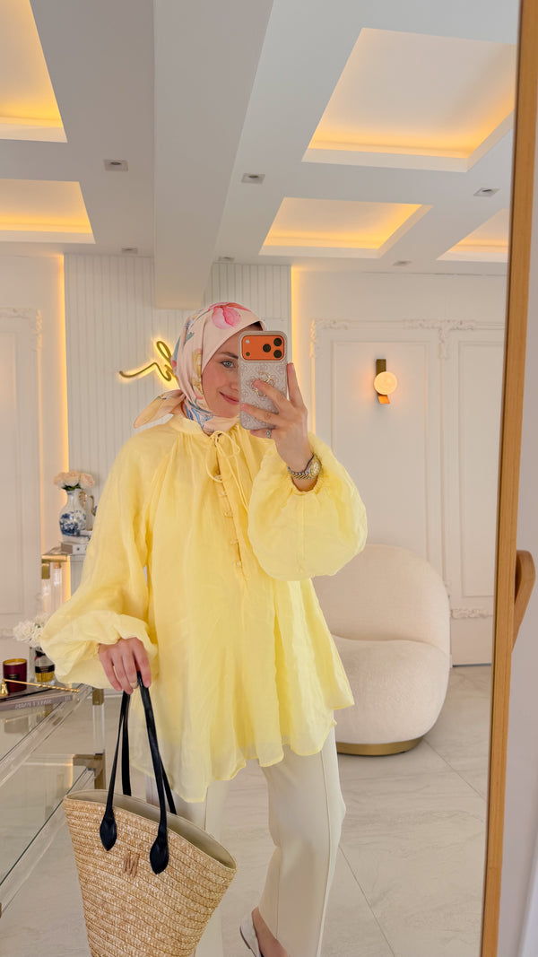 Açık Sarı Önden Düğmeli Vual Tunik
