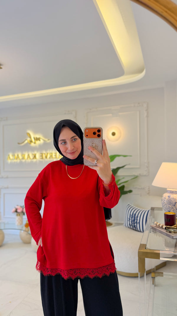 Kırmızı Dantelli Oysho Tunik