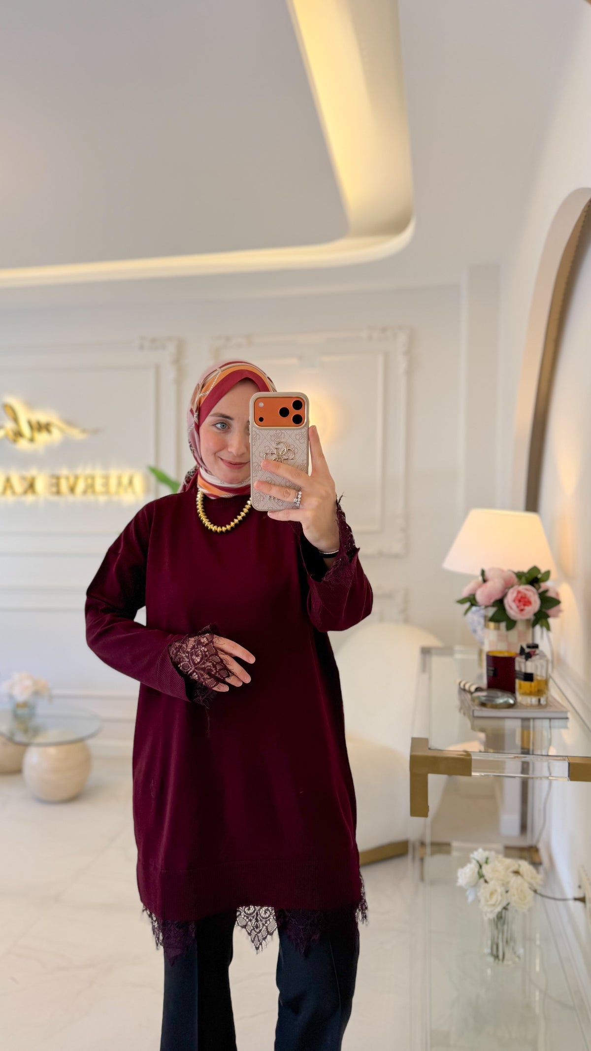 Bordo Uzun Boy Dantel Merserize Tunik