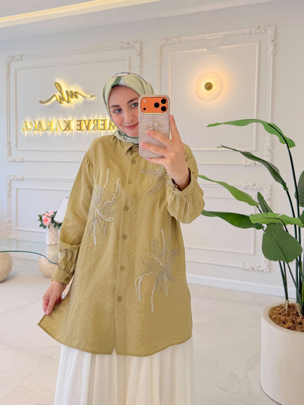 Yeşil Yasemin İşleme Gömlek