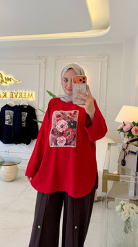 Kırmızı Gül Baskı Tunik