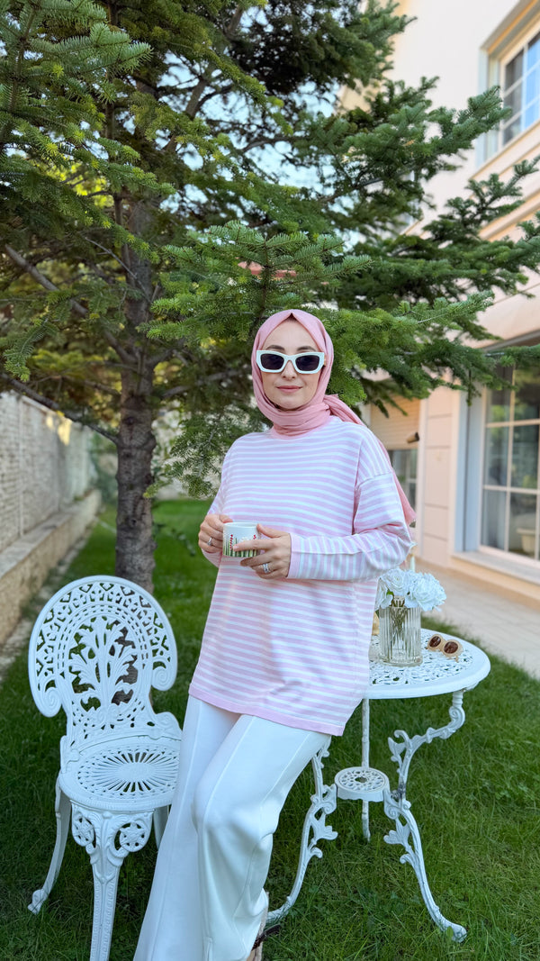 Pembe Çizgili Triko Tunik -14172