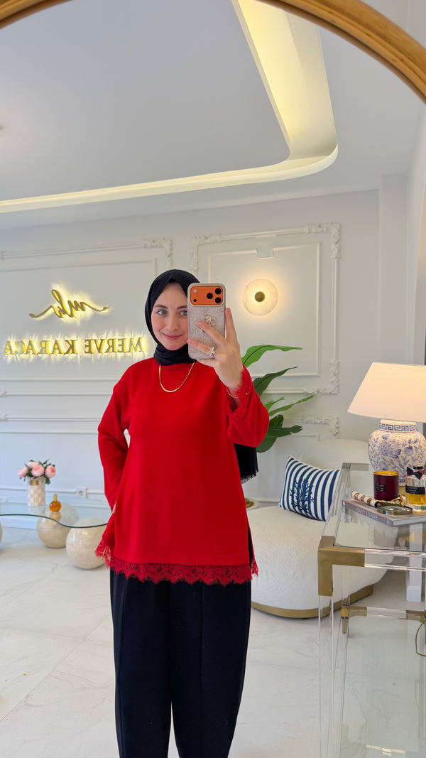 Kırmızı Dantelli Oysho Tunik