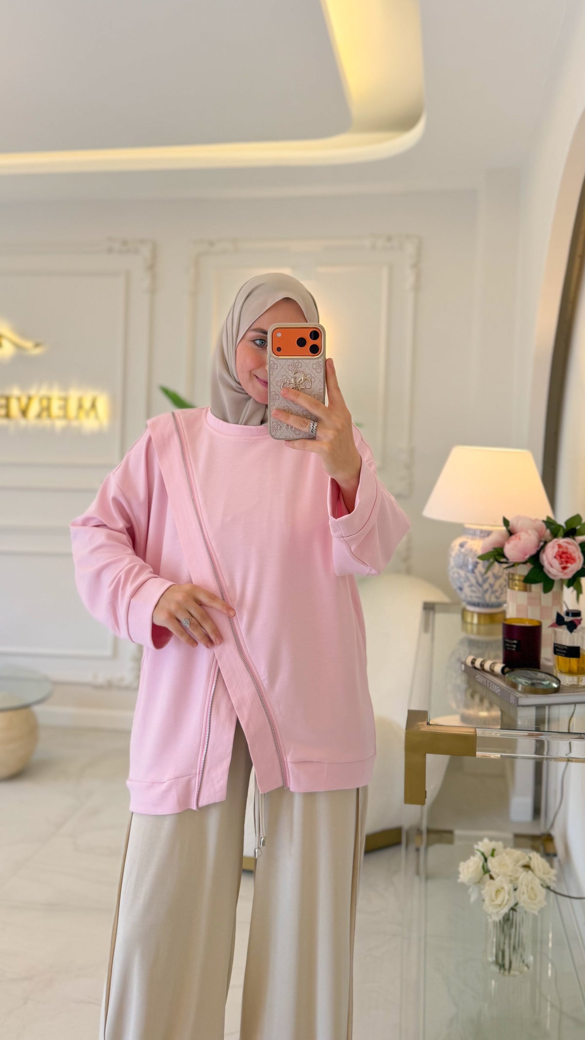 Pembe Çapraz Fermuar Detay Tunik