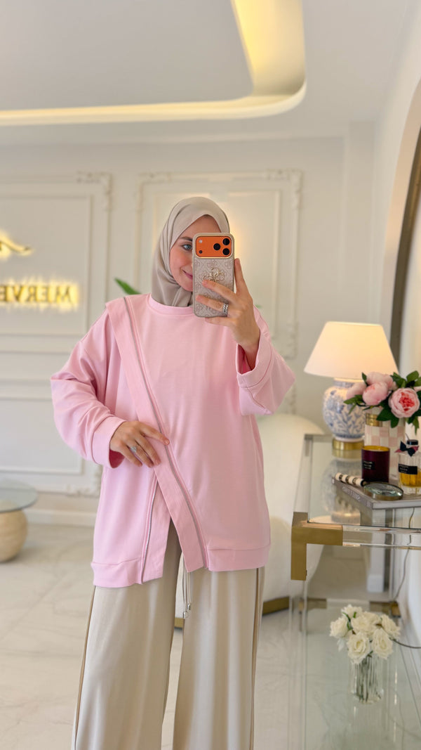 Pembe Çapraz Fermuar Detay Tunik