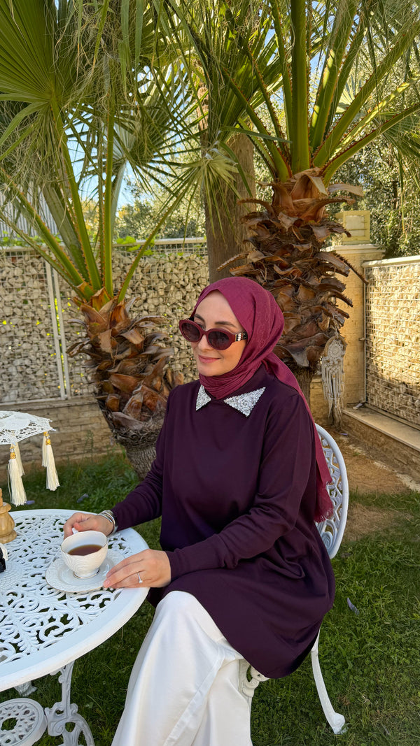 Mürdüm Dantel Ve İnci Yaka Triko-320
