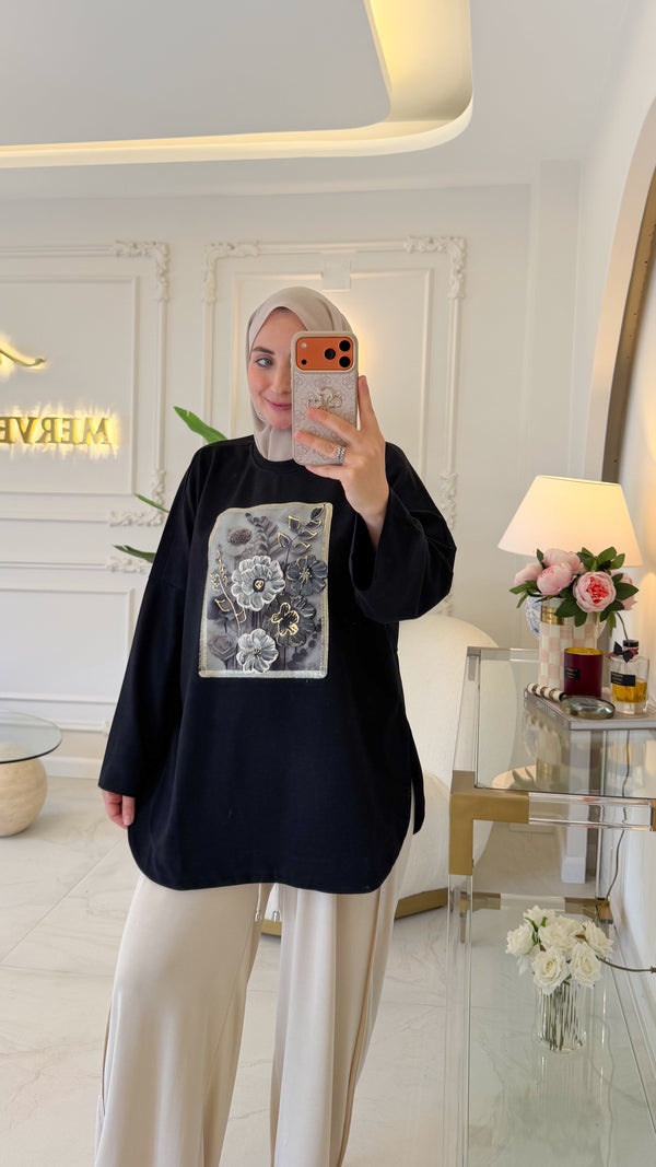 Siyah Gül Baskı Tunik