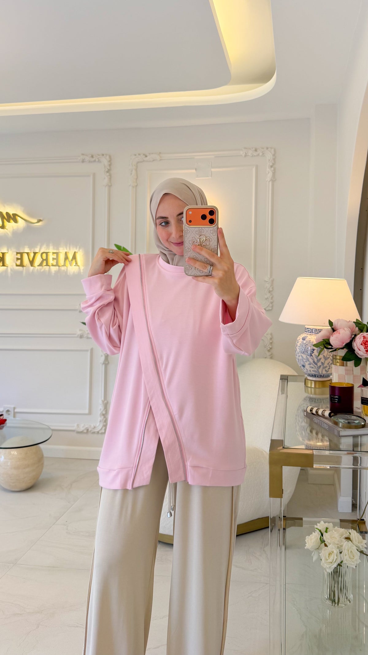 Pembe Çapraz Fermuar Detay Tunik