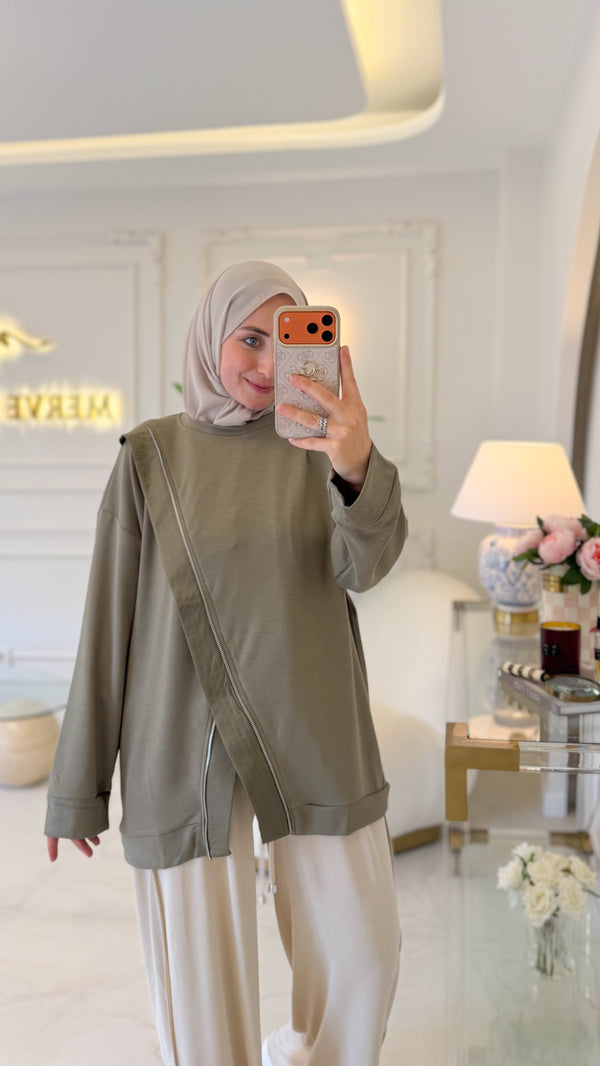 Haki Çapraz Fermuar Detay Tunik