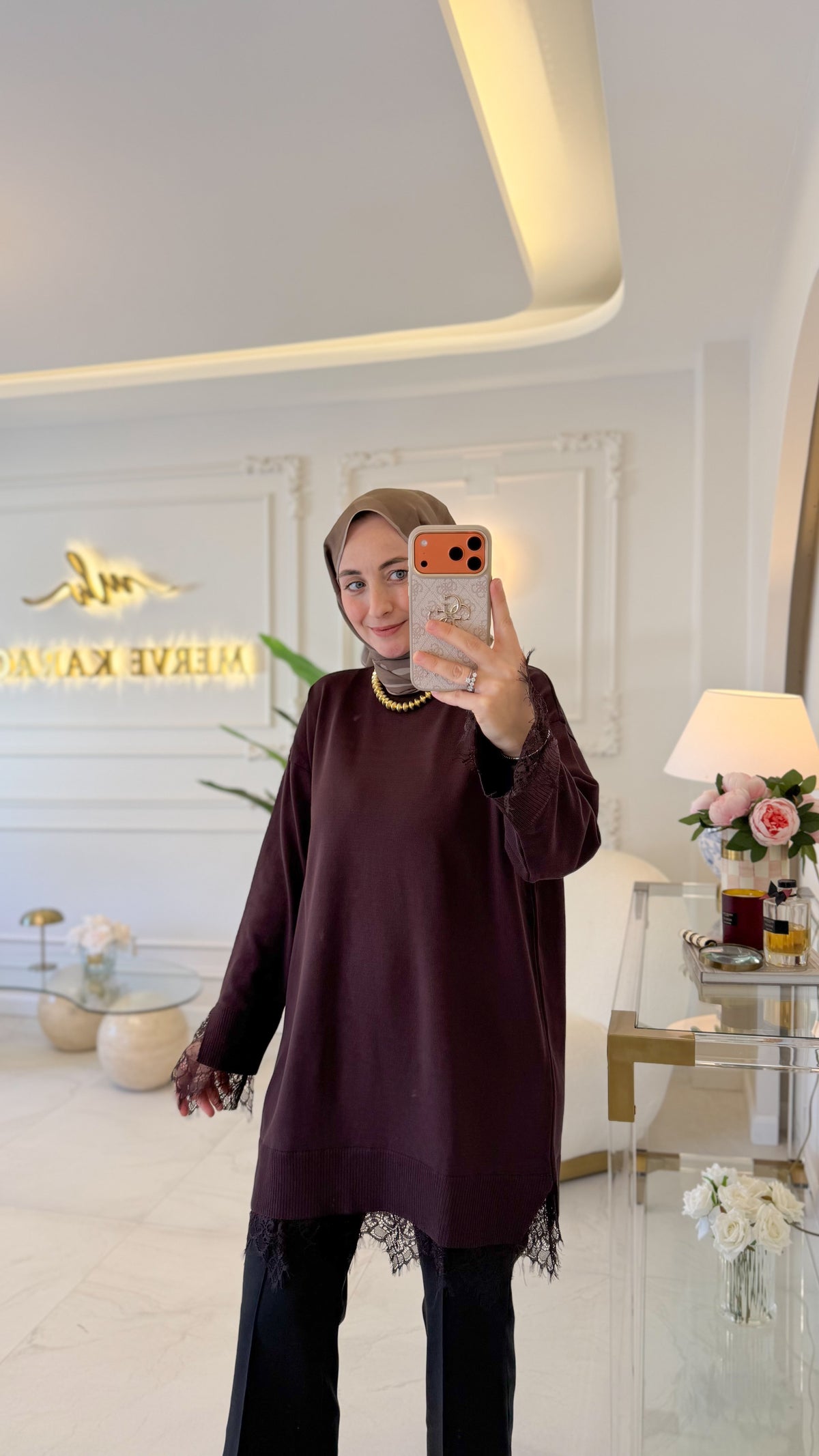 Kahve Uzun Boy Dantel Merserize Tunik