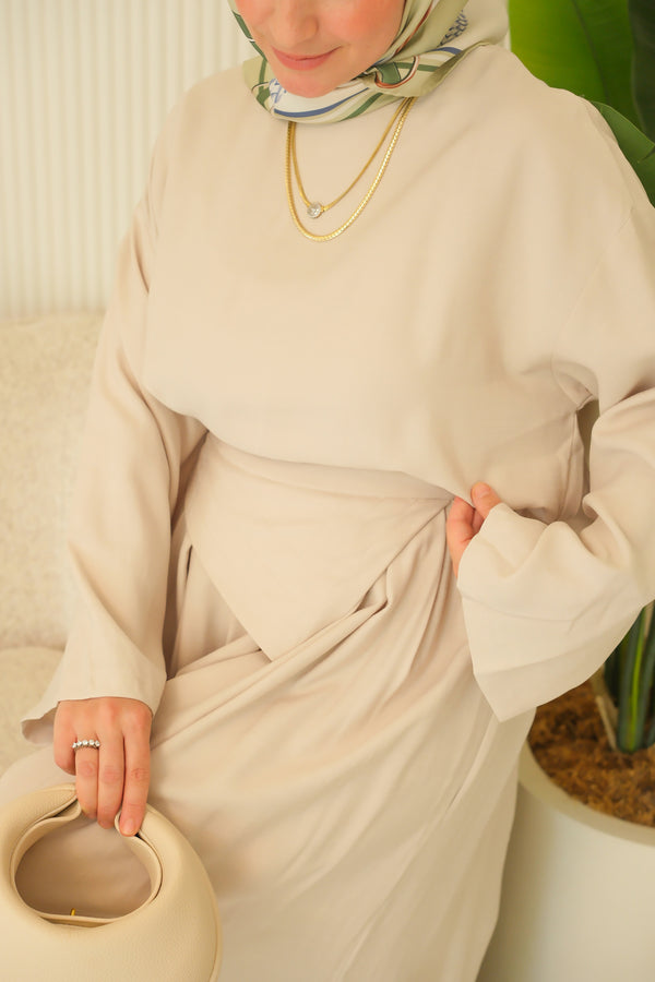 Bol Pantolonlu Krem Keten Takım - 2415