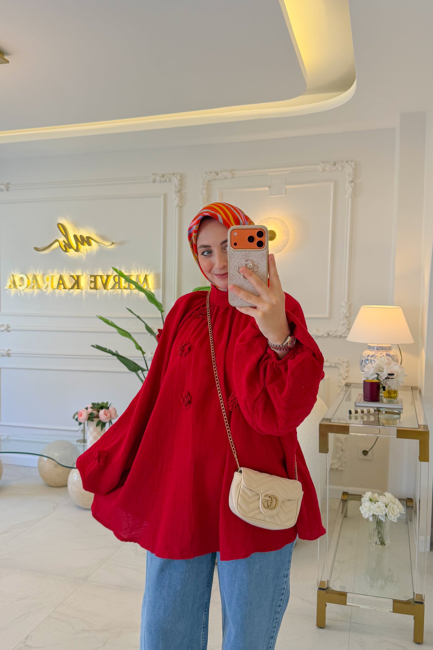 Kırmızı Çiçek Müslin Tunik