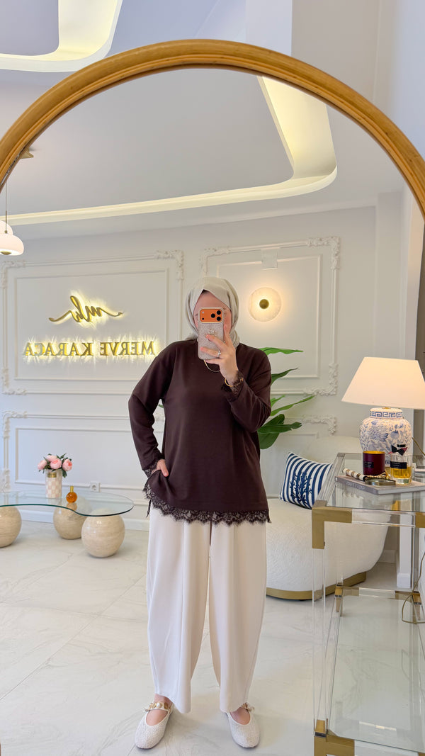 Kahverengi Dantelli Oysho Tunik