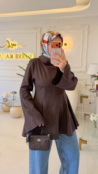 Acı Kahve Keten Parçalı Bluz - 5297