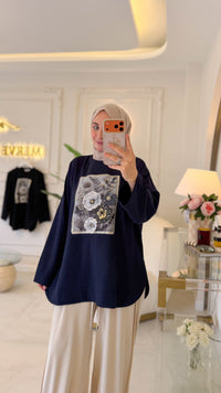 Lacivert Gül Baskı Tunik