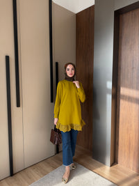 Yağ Yeşili MK Etek Uçu Dantelli Sweat