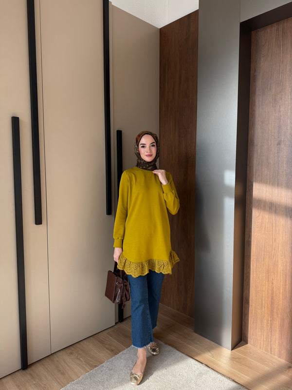 Yağ Yeşili MK Etek Uçu Dantelli Sweat