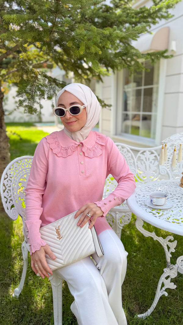 Komple Pembe Örme Bebe Yaka Triko