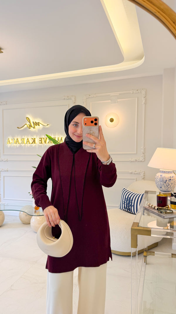 Bordo Fular Detay Tunik