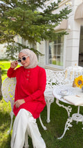 Kırmızı Fiyonk Düğmeli Tunik-304