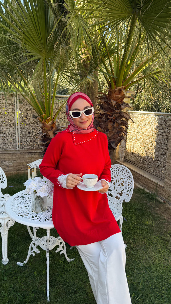 Kırmızı İnci Manşet Detay Tunik