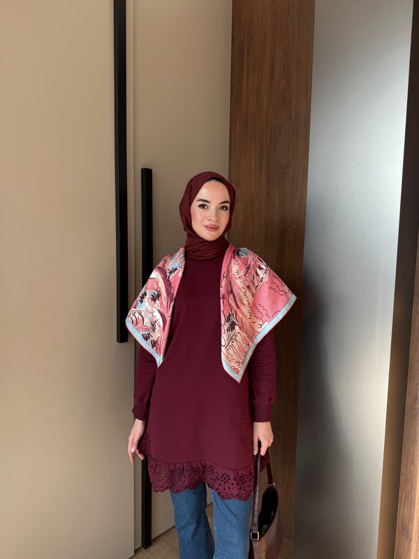 Bordo MK Etek Uçu Dantelli Sweat