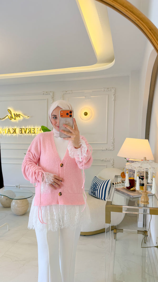 Pembe Dantel Büzgü Hırka-27720