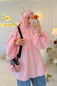 Pembe Çiçek Müslin Tunik